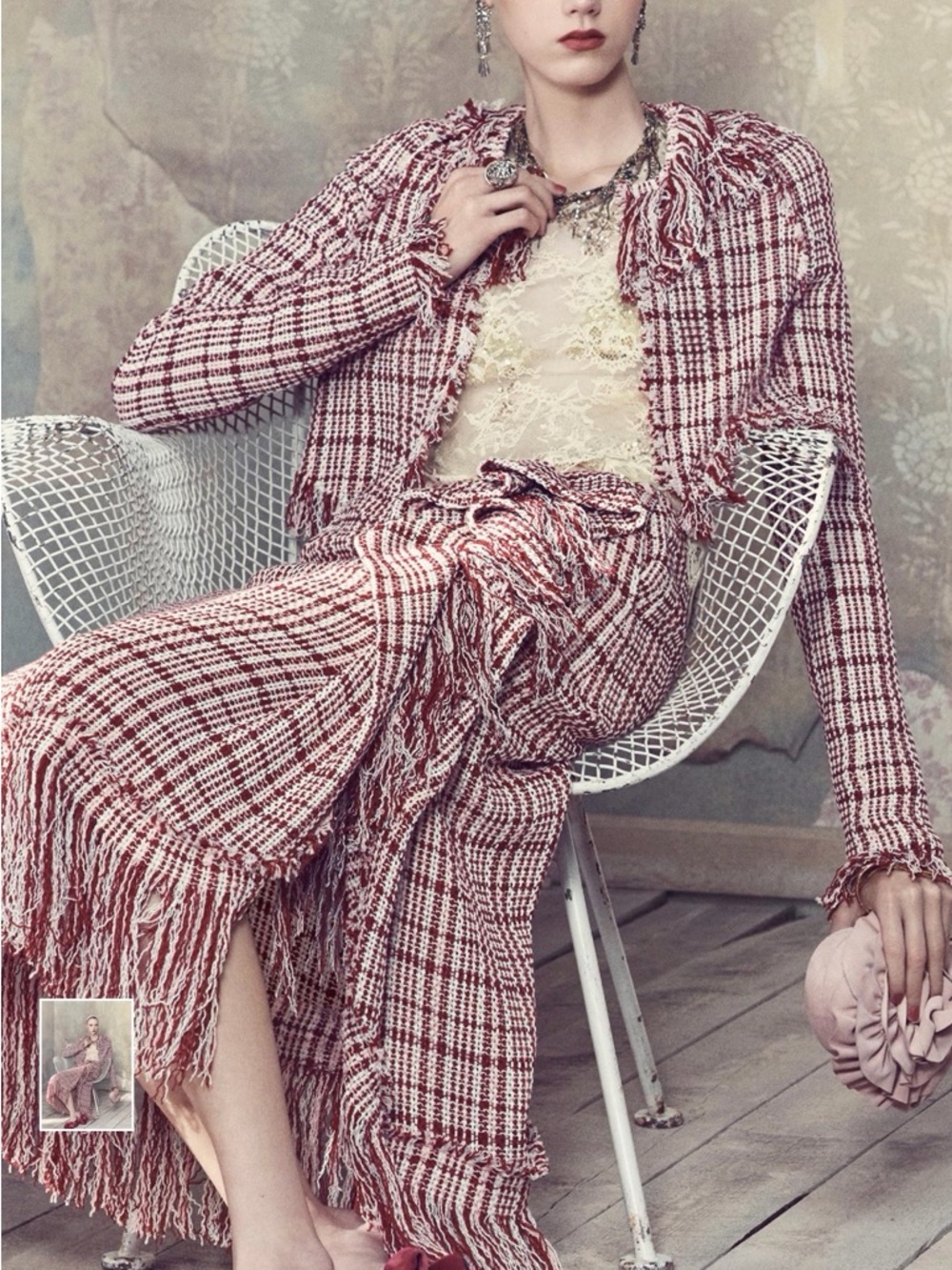 Fringed Tweed Skirt in Rose and Cream